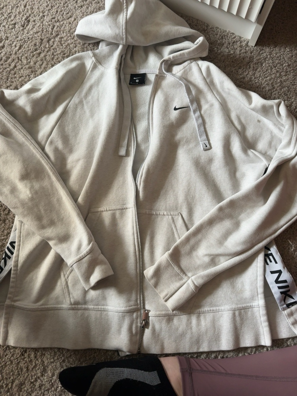 Nike Sportswear Women’s Cream Full Zip Hoodie with Side Logo - Medium